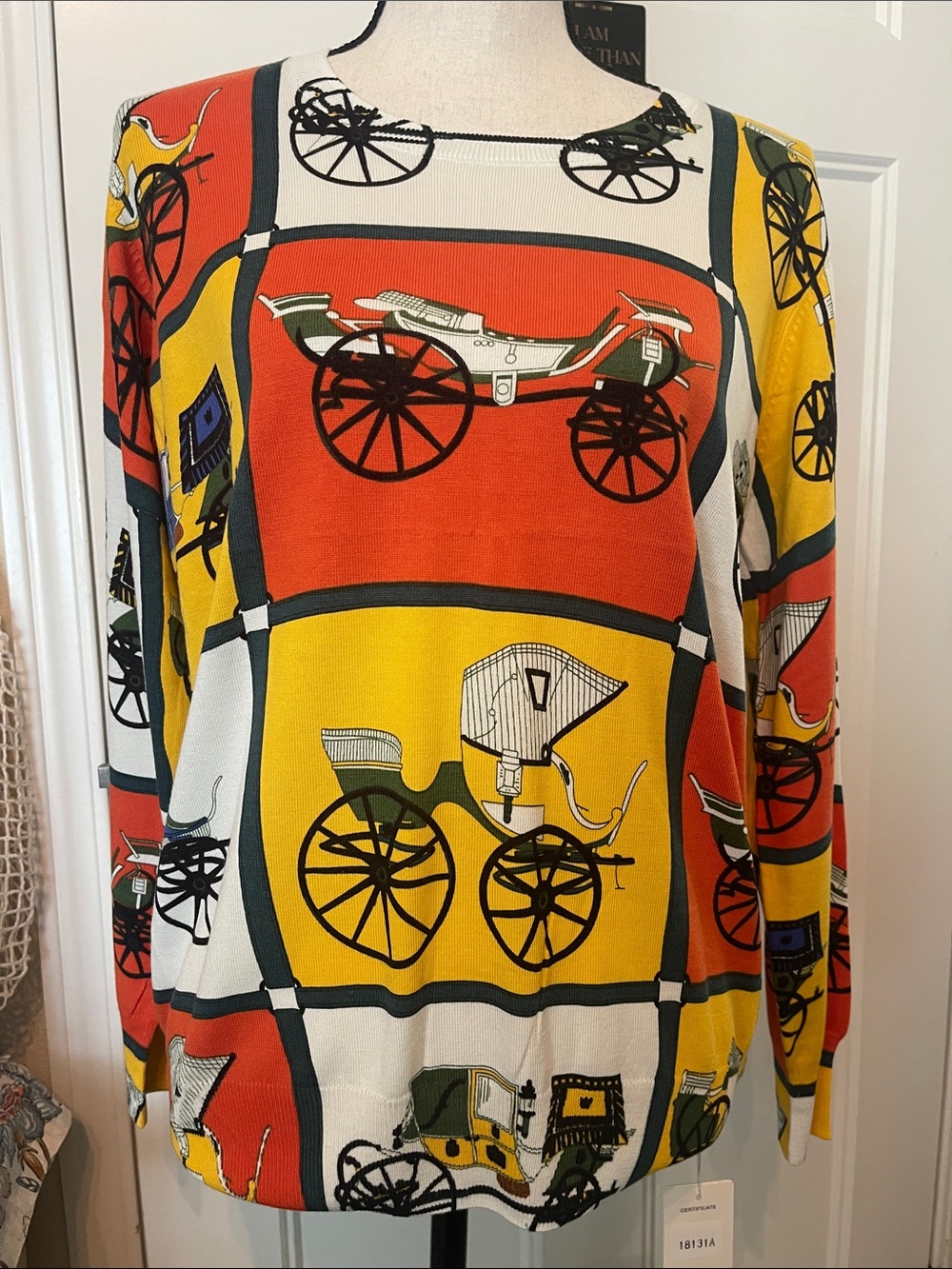 Colorblock Carriage Print Crewneck Sweater - Red, Yellow & Cream